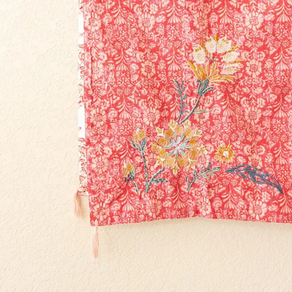 72x14 Reversible Cotton Table Runner Damask Floral Embroidered Tassels Cottageco